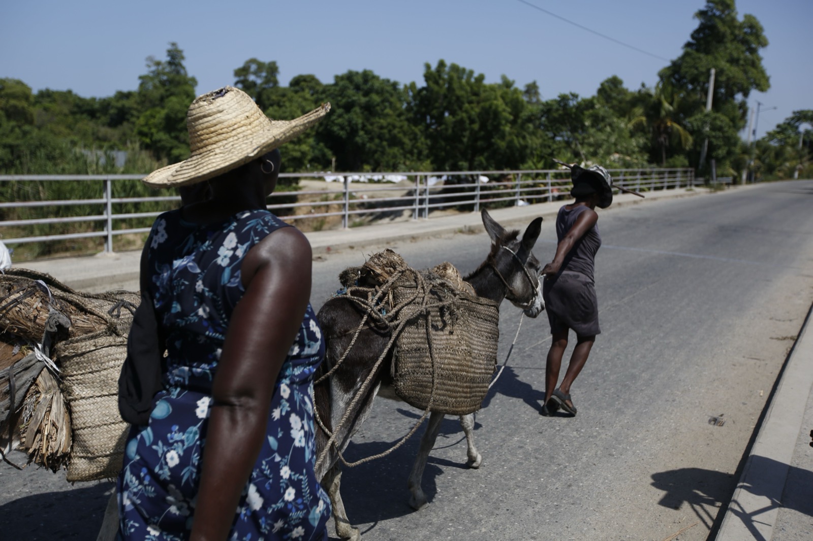 A woman in a straw hat walks a long road carrying a large basket