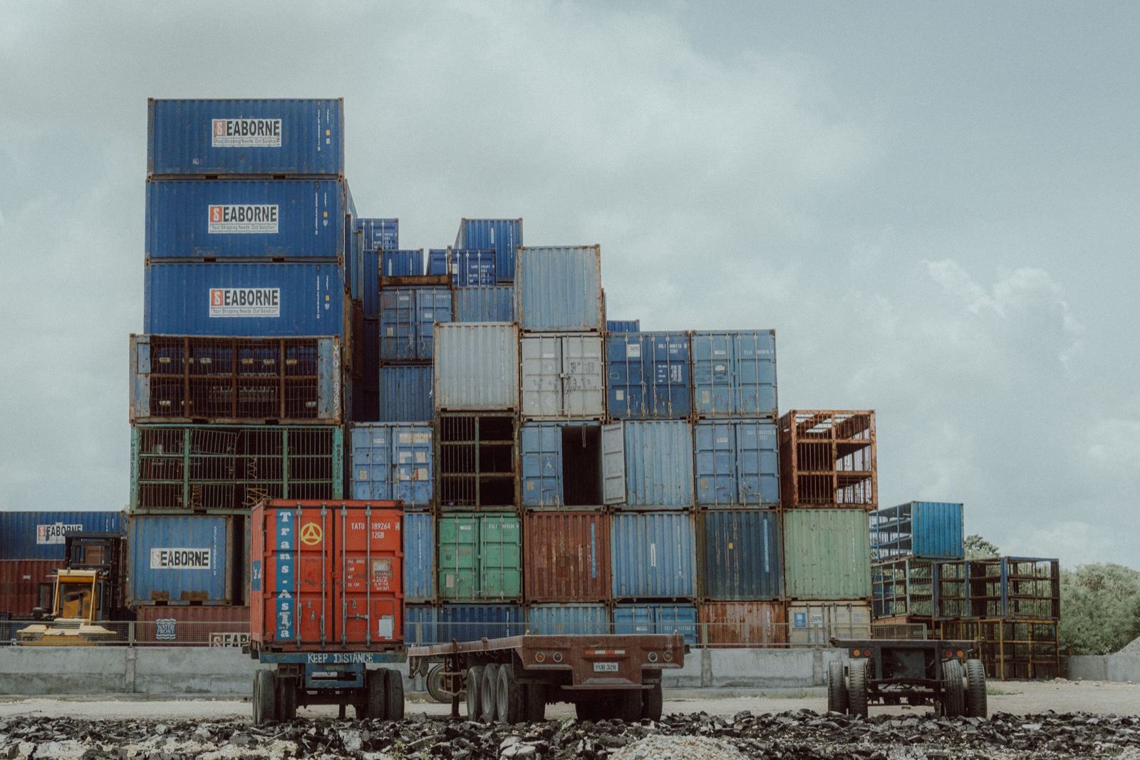 Stacked shipping containers, black and white